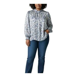 Tamara H Paisley Blouse XL Long Sleeve Lined Blue White Button Neck Romantic